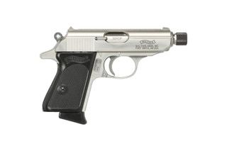 Low-profile 32 ACP pistol with threaded barrel.